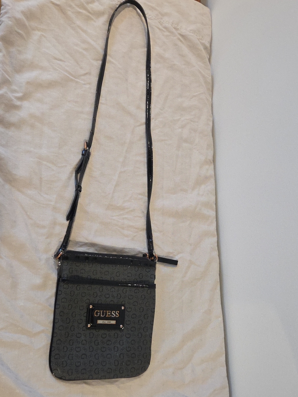 GUESS Black Monogram Crossbody Bag with Logo Plaque